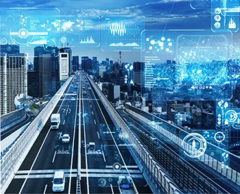 Elevated highway through a city skyline with cars and blue digital data overlays suggesting smart transportation
