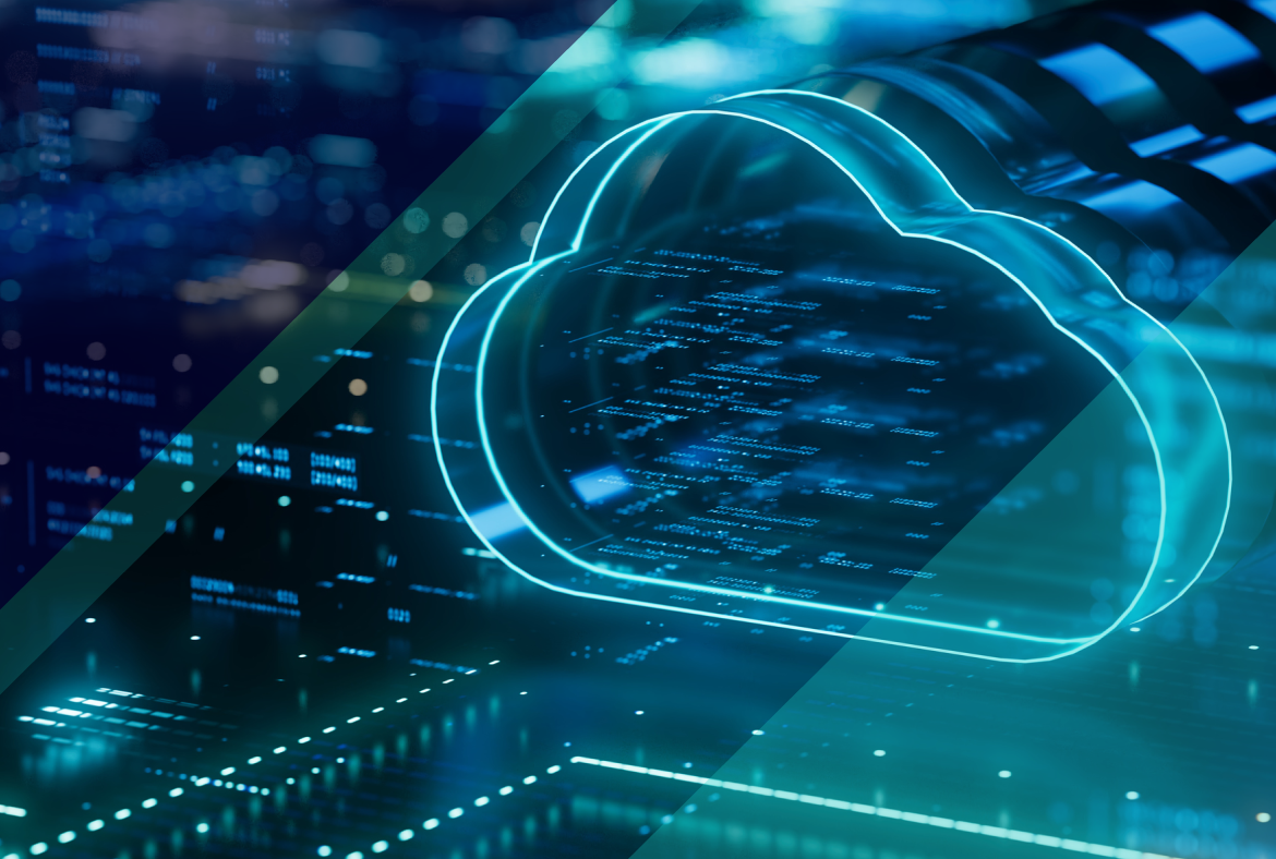 Glowing digital cloud icon over a futuristic data network background, representing cloud computing, data flow, and connected systems