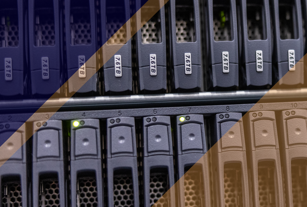 Close-up of storage server bays with multiple hard drives labeled 7.6TB and status lights, indicating active data storage for disaster recovery systems