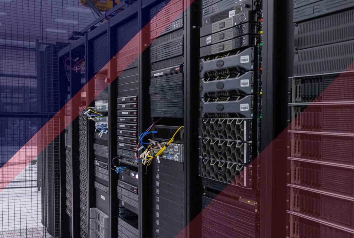 High-density server racks with stacked hardware units and visible network cables inside a secured data center environment