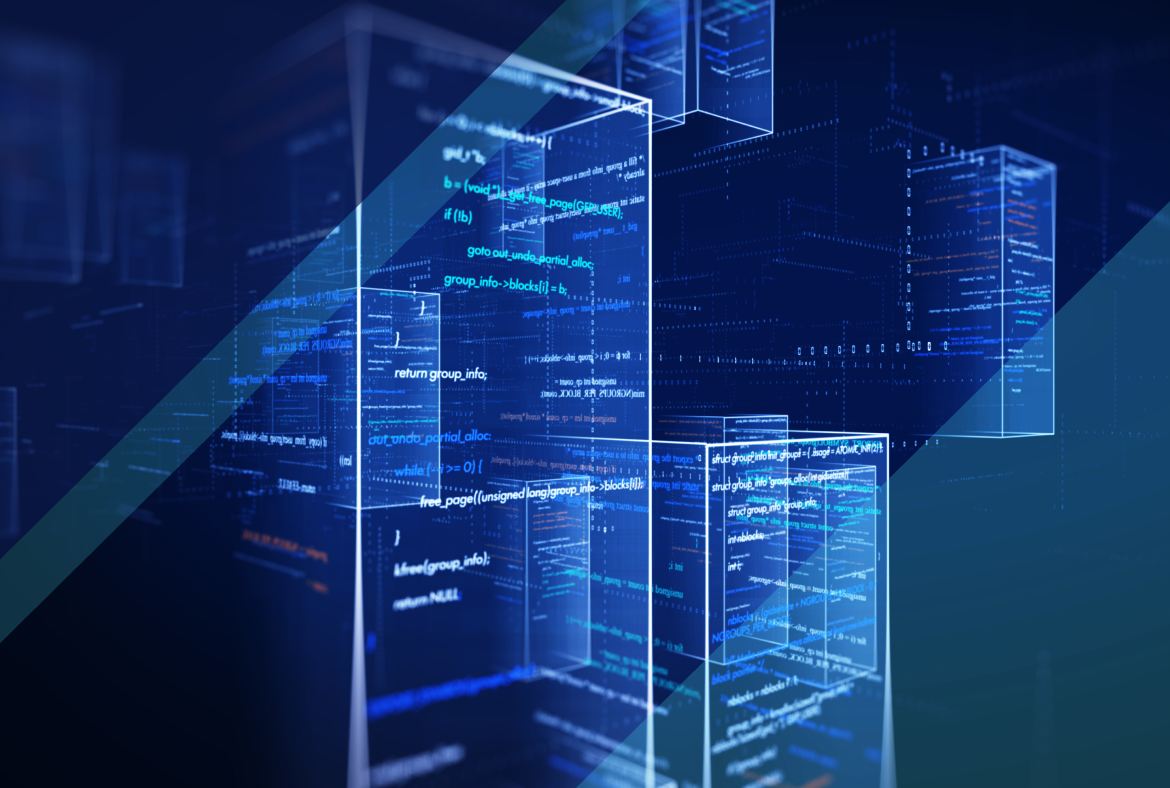 Abstract digital scene of translucent panels filled with programming code floating in a blue, grid-like space, suggesting cloud computing or software architecture