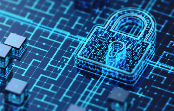 Blue digital padlock icon over a circuit board background, symbolizing cybersecurity, data protection, and secure networks