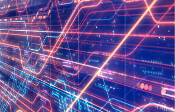Abstract digital background with glowing red and blue data lines, charts, and network-like patterns suggesting analytics, data flow, or high-speed technology