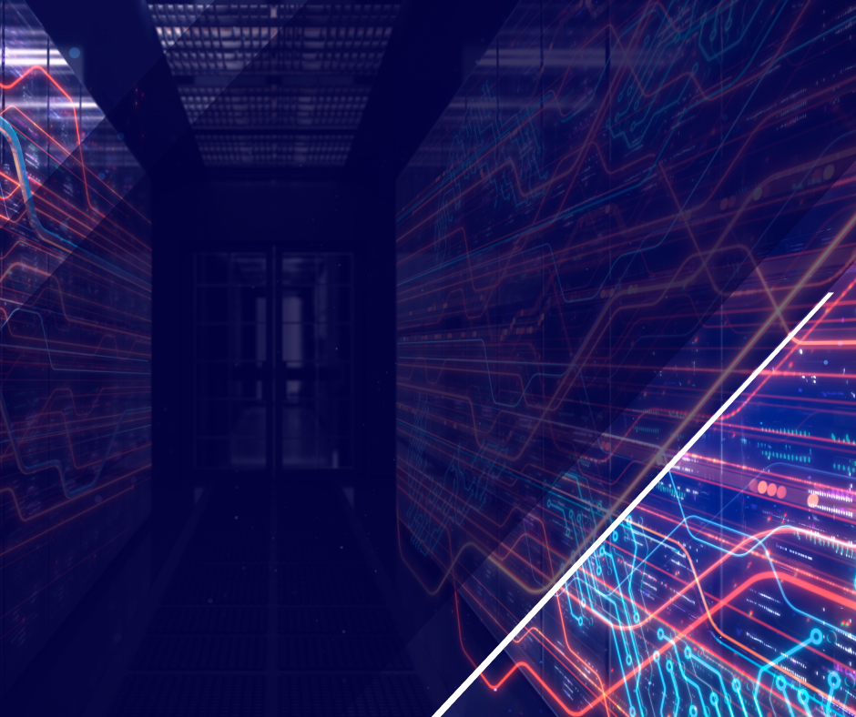 Dark data center hallway with server racks, overlaid by glowing abstract network lines and a diagonal graphic accent representing digital infrastructure.
