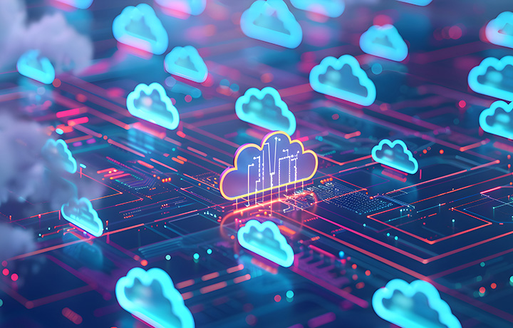 Neon blue cloud icons floating over a digital circuit board, with a central glowing cloud symbolizing cloud computing network connections