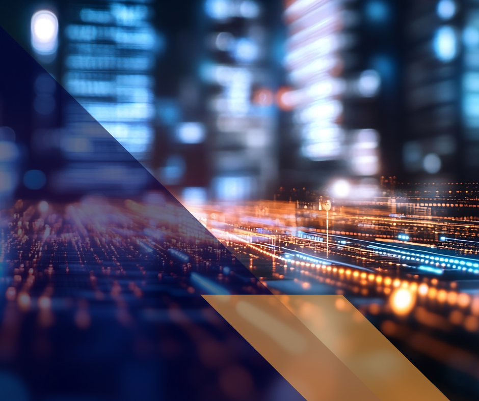 Abstract tech background with blurred blue city lights and glowing data lines, overlaid with diagonal navy and gold geometric shapes