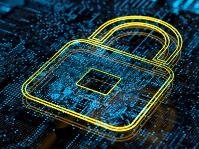 Glowing yellow lock over data points