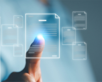 Finger touching a glowing digital document icon surrounded by floating file outlines on a blue background