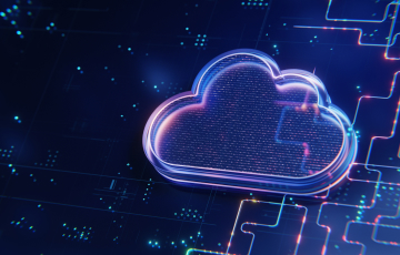 Glowing neon cloud icon above a blue digital network and circuit board background, representing cloud computing and technology