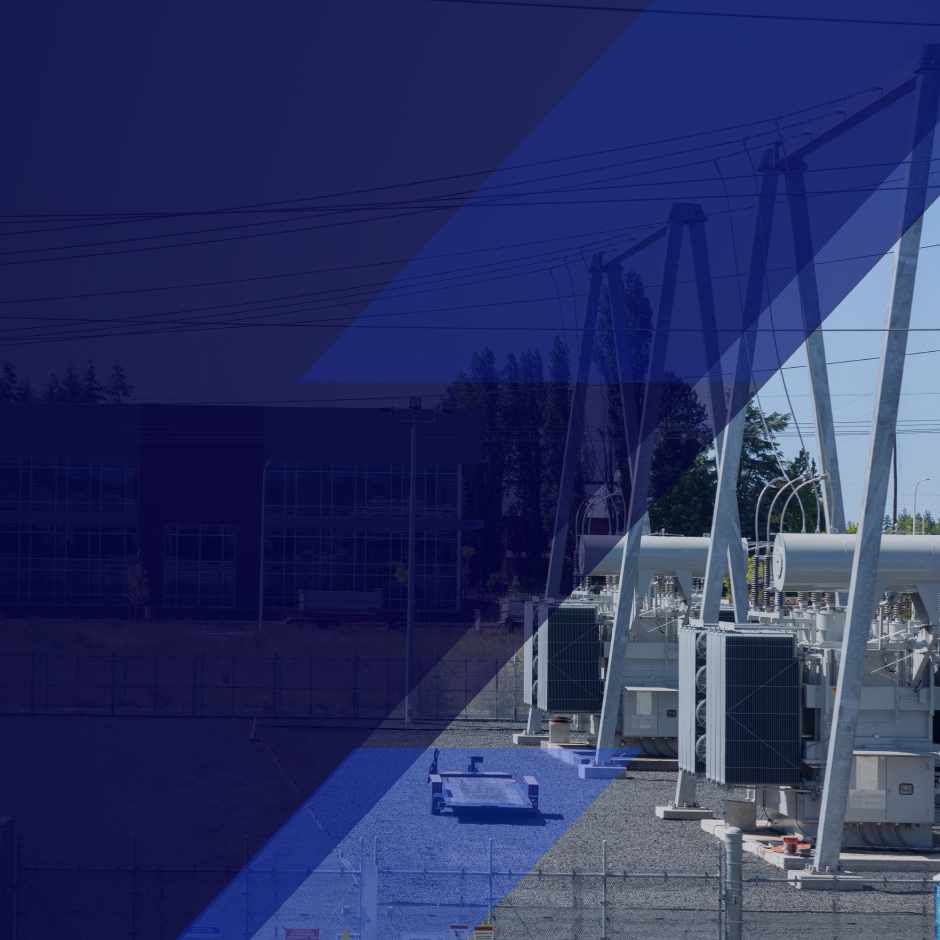 Power going into a data center with stylized color block overlays