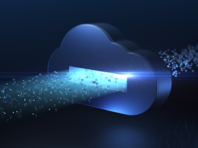stylized cloud with data streaming through it