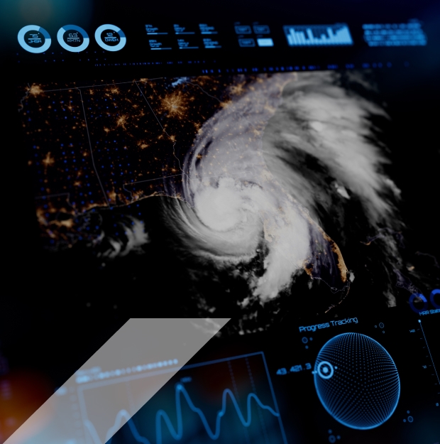 Satellite-style visualization of a major hurricane over the eastern United States, overlaid with digital dashboards, charts, and data analytics indicators