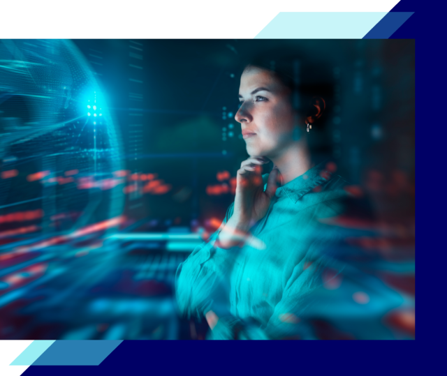 Person viewing a futuristic digital data display with a glowing globe and interface elements, suggesting capacity planning or on-demand computing analysis.