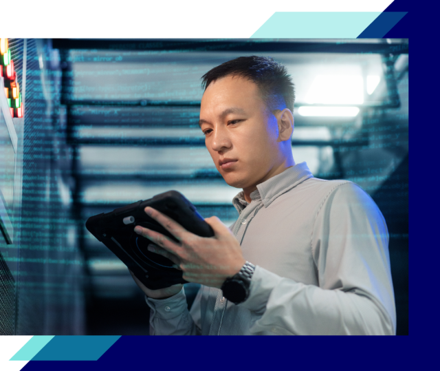 Person holding a tablet while reviewing data in a server room, with digital overlays suggesting cloud migration and system transfer activity