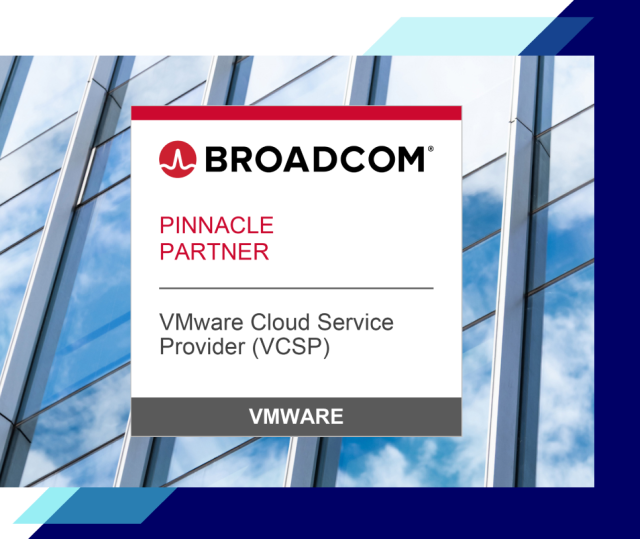 Broadcom Pinnacle Partner badge for VMware Cloud Service Provider displayed over a modern glass building background