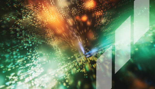 Abstract high-density data stream with green and gold lights rushing through a digital cityscape, overlaid with white geometric shapes