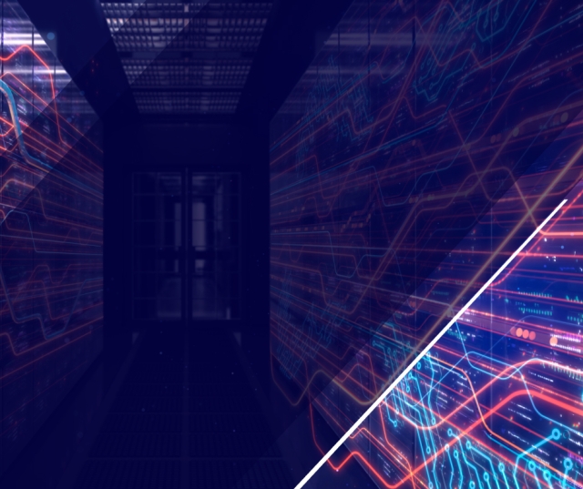 Dark data center hallway with server racks, overlaid by glowing abstract network lines and a diagonal graphic accent representing digital infrastructure.