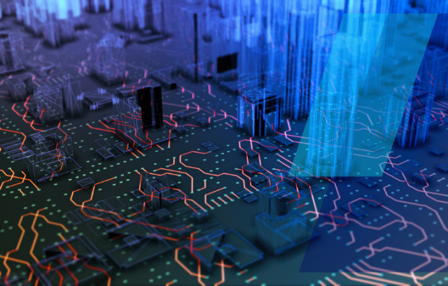 Abstract digital cityscape on a circuit board with glowing data lines and blue translucent overlays, representing scalable infrastructure technology
