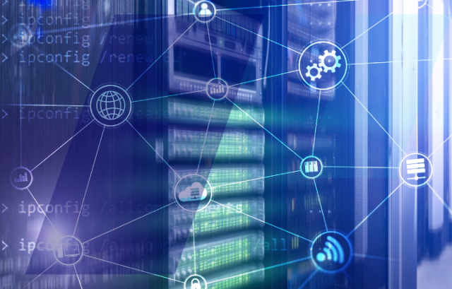 Server racks with network icons and connections overlay, digital code and “ipconfig” text illustrating cloud infrastructure and networking concepts