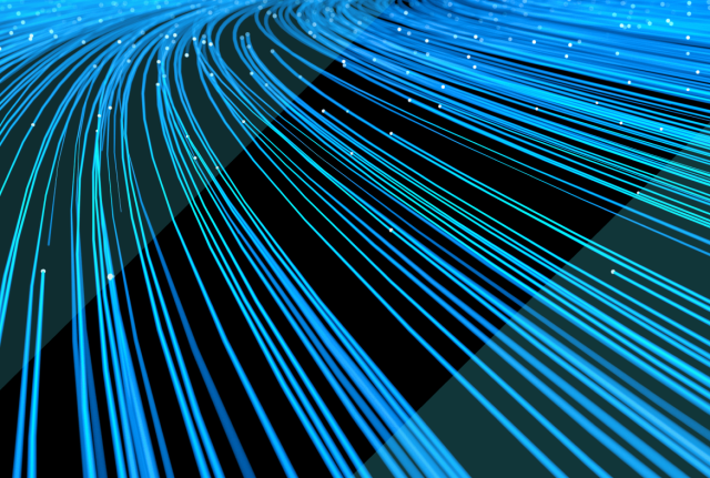 Curving blue light trails on a dark background, resembling flowing data or fiber‑optic cables with small glowing points