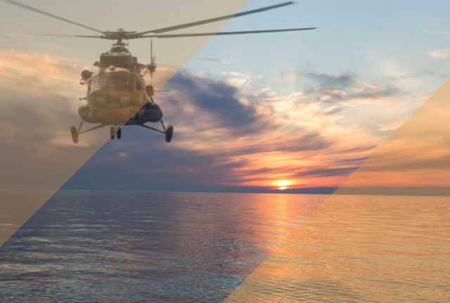 Helicopter flying low over the ocean at sunset, with warm sky reflections on the water and translucent diagonal graphic overlays.