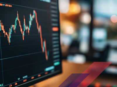 Computer screen with stock chart on desk
