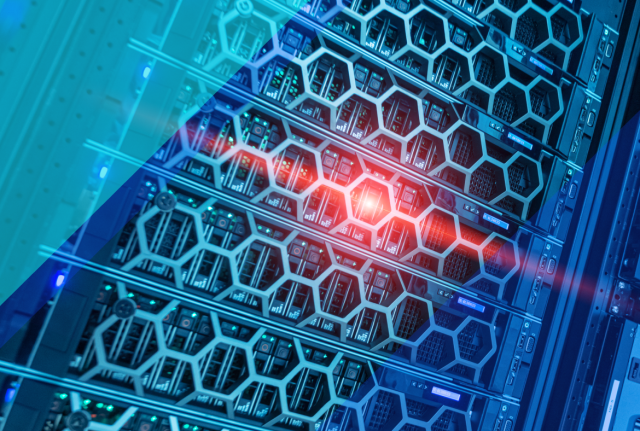 Close-up of high-density server racks with hexagonal vents and glowing status lights, overlaid with blue geometric graphics.