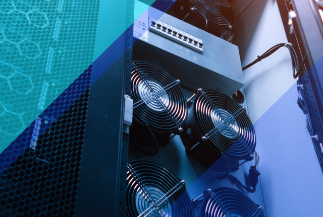 Server rack cooling fans and network equipment inside a data center, with blue geometric overlays highlighting power and cooling infrastructure.
