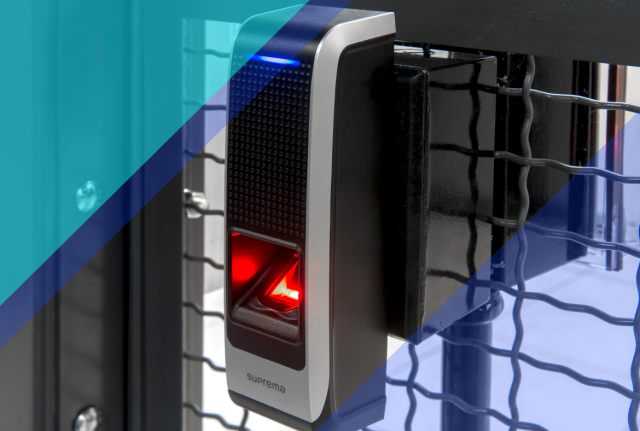 Biometric fingerprint access reader mounted on a server rack enclosure, with blue geometric overlays highlighting data center security.