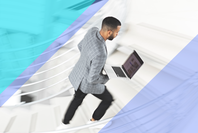 Person carrying a laptop while moving quickly up a curved staircase, with blue geometric overlays suggesting agility and cloud services.