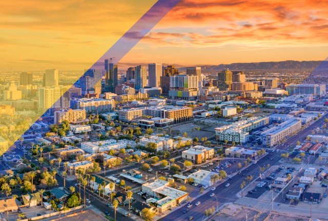 Aerial view of a city skyline at sunset with modern high-rises, palm-lined streets, and blue and gold geometric overlays.