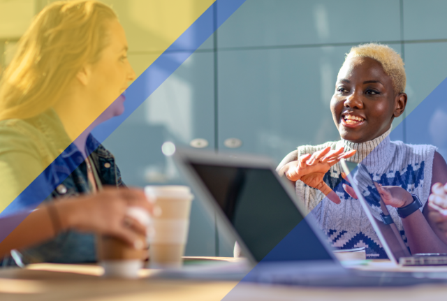 People collaborating at a conference table with laptops and coffee cups, overlaid with blue and gold geometric design elements.