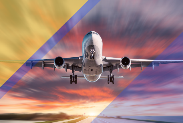 Commercial airplane approaching a runway at sunset, viewed head-on with colorful sky and geometric blue and gold overlays.