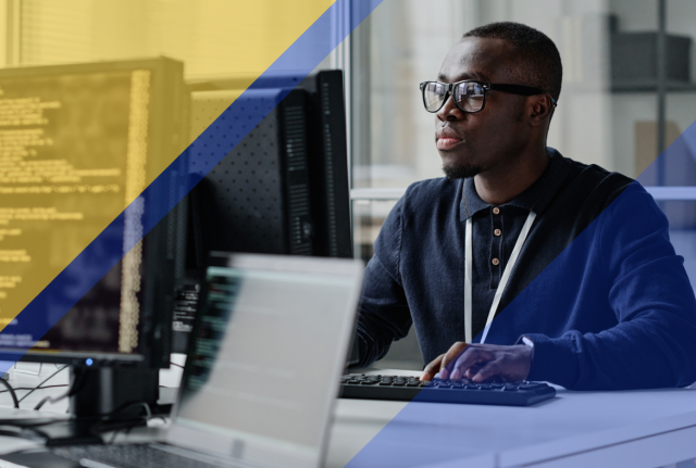 Person working at a computer workstation with multiple monitors displaying code, overlaid with blue and gold geometric design elements.