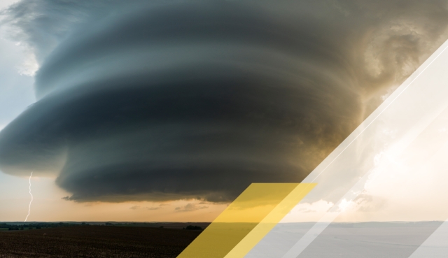 Large rotating storm cloud over an open landscape with a lightning strike, accented by gold and white geometric overlays.