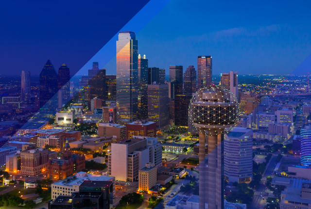Dallas skyline at dusk with illuminated skyscrapers, Reunion Tower, and blue geometric overlays across the cityscape.