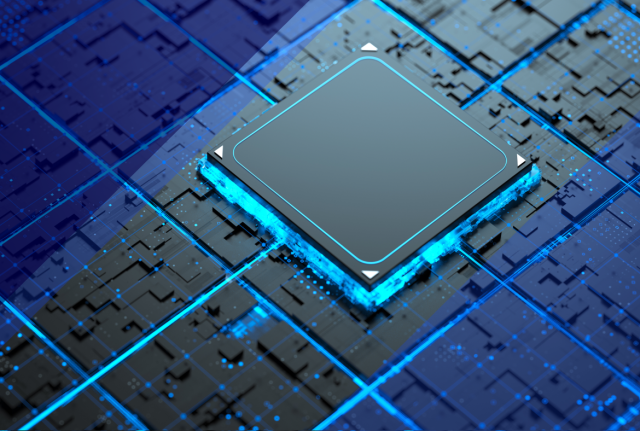 Abstract 3D microchip on a glowing blue digital circuit grid, symbolizing network interconnection and advanced computing