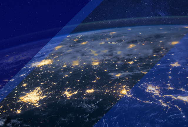 Earth viewed from space at night, with city lights glowing across continents and blue geometric overlays suggesting global connectivity