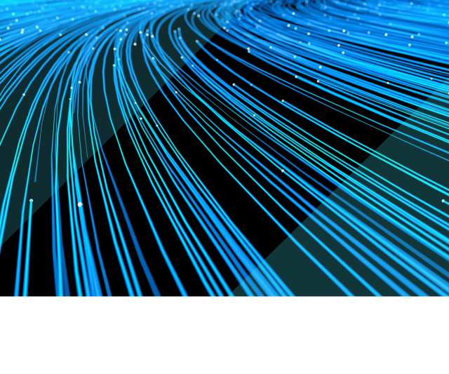 Abstract blue fiber-optic light trails curving across a dark background, representing high-speed data connectivity and network density.