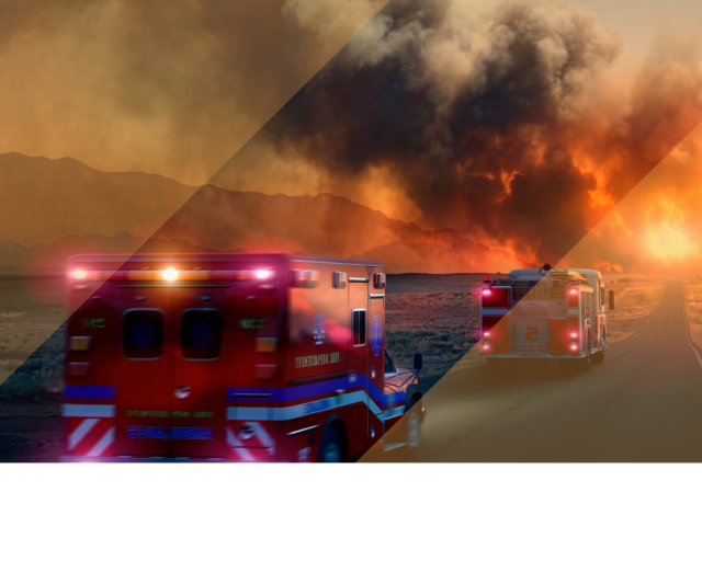 Emergency response vehicles driving toward a large wildfire with heavy smoke and flames, overlaid with gold and dark geometric graphics.