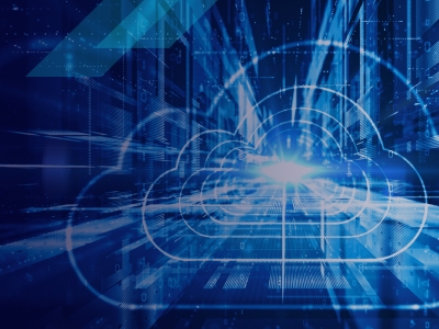  Futuristic cloud computing and digital data transformation technology and big data and cybersecurity in a glowing blue network